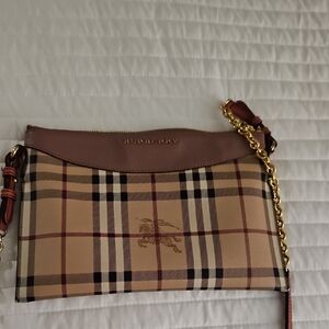 Burberry Beige and Brown Plaid Clutch with Gold Chain